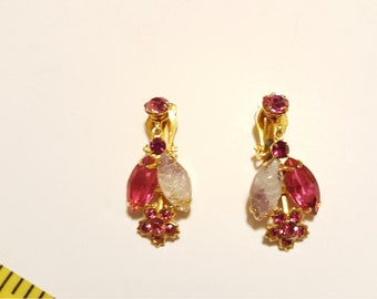 Vintage Deep Pink and White Rhinestone Earrings