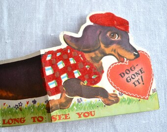 Vintage Valentines Day Card - Felted Weiner Dachshund Dog Wearing Hat - Used
