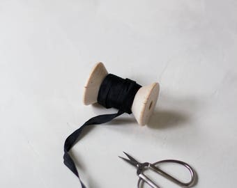 Black Hand-Dyed Silk Ribbon (with Wooden Spool) - 5 yards - 1/4" wide