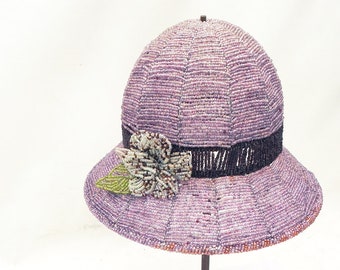 Vintage Beaded Hat W/Flower Lamp Shade Lavender Purple Beach Cottage Shabby Chic French Country