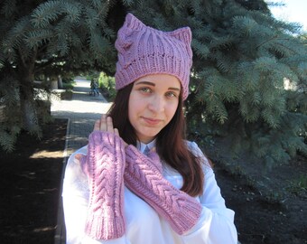 Christmas -Gift-for-sister-Cat-hat-Pink-cat-hat-Pink pussy-hat-Knit-pussy hat-Teen-girl-hat-women's-Winter -Hat-Animal-Hat-Wool-Beanie-girl