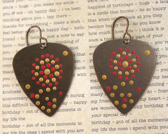 Guitar Pick Earrings, Guitar Pick Jewelry, Aboriginal Dot Art, Vintaj Earrings, Jewelry with Dots, Hand Painted Jewelry, Musician Jewelry