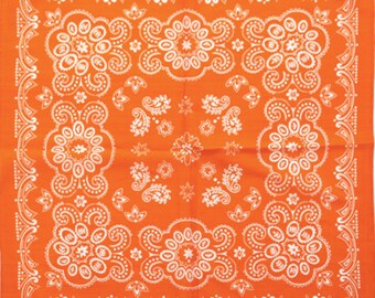 BANDANA - Bandanna. Single Color White Paisley Bandana. Texas Style Pattern. ORANGE. 22" x 22" ali