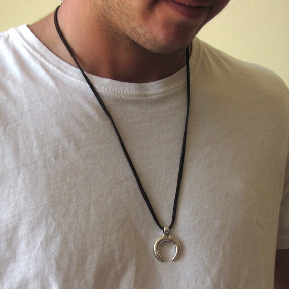 Mens Double Horn Necklace Mens Leather Necklace Men