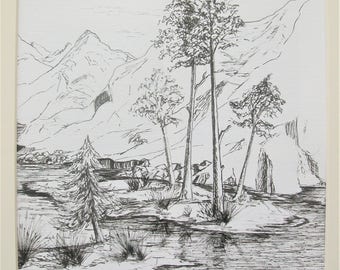 Caren Taylor *ORIGINAL ART* Pen and Ink Drawing **Mountain Stream** A Simple But Beautiful Tranquil Landscape Scene Mounted for Shipping