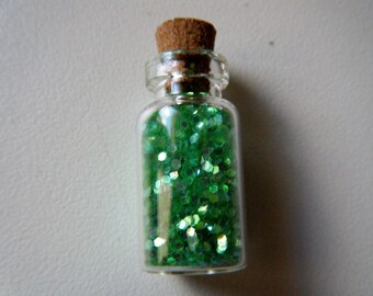 glass vial with Cork with sequin green fimo, nail art and jewelry