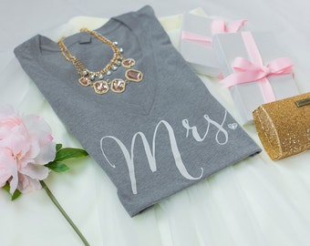 Mrs., Bride Shirt, Bride tee, Wifey Shirt, Bride to be, T-shirt, V-Neck, Gifts for Bride , Bridal Shower Gift, Bachelorette Party