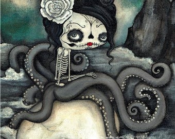 Sugar Skull Print Cute Dead Octopus Nautical Skeleton Wall Art