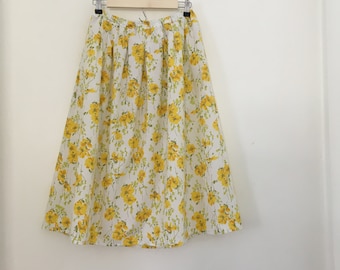 Yellow Floral Pleated Full Skirt with Pockets