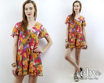 90s Floral Dress 90s Mini Dress Soft Grunge Dress 90s Dress Floral Babydoll Dress Summer Dress Vintage 90s Red Floral Mini Dress XS S