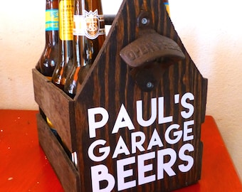 Six Pack Custom Glass Bottle Rustic Wood Beer Tote, Beer Carrier, Beer Caddy Man Cave Brewery Personalized Bottle Opener