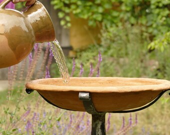 Garden Bird Bath, Ceramic Bird Bath, Cast Iron Birdbath, Clay Pot and Cast Iron Rack, Tall Standing Bird Feeder Mom Gifts