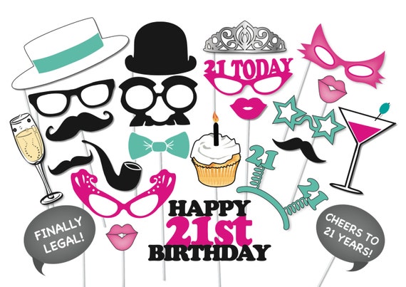 21st Birthday Photobooth Party Props Set 26 Piece PRINTABLE