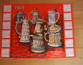 french vintage printed cotton Tea towel calendar from 1969, kitsch tea towel calender