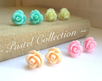 SALE - Pastels - Four Pairs of Rose Stud Earrings
