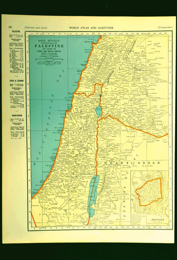 Jerusalem Map Palestine Israel Holy Land 1930s Original 1935