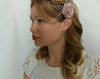 Blush Birdcage Veil, Rose Gold Veil, Rose Gold Headpiece, Blush Pink Wedding Veil, Blush Pink Bridal Veil