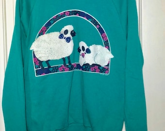 1980s Golf Floral Lamb Collared Turquoise Pullover Sweatshirt Women's Size Medium