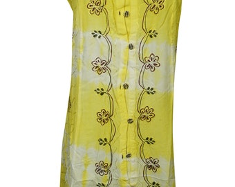 Groovy Summer Gypsy Hippie Chic Rayon Shift Dress YELLOW Button Front Beach Wear Womens Tank Dress XS