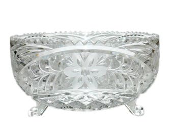Vintage 8" Heavy Cut Crystal Footed Bowl w/ Cut Floral Pattern
