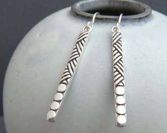 long sterling silver bar earrings simple tribal design black oxidized drop line jewelry large stick dangle leverback lever back 1 1/4 bar
