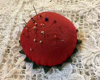 Vintage Red Pincushion, Tomato Pincushion, Floral Pincushion, 1960s Sewing