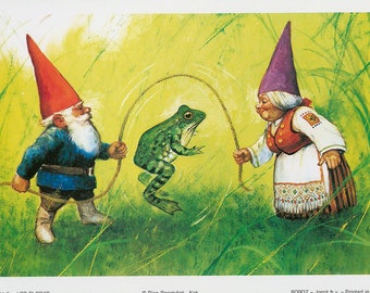 Vintage art print 80s. David the gnome and Lisa are jumping rope with a frog. By Rien Poortvliet.