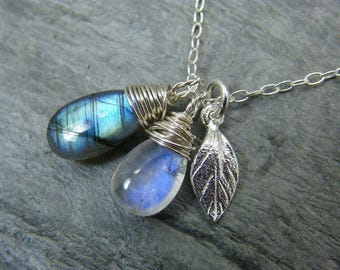 Moonstone necklace ~ Labradorite necklace ~ Moonstone and labradorite pendant necklace ~ Blue moonstone pendant ~ Labradorite pendant ~