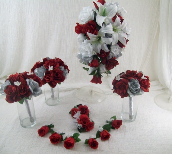 Lily and Rose Red White and Silver Cascade Bridal Bouquet Silk