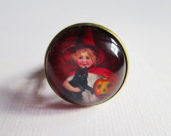 "Little witch and OWL", bronze cabochon, costume jewelry ring