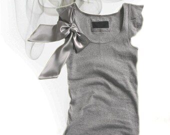 Gray bow top/Short sleeve new retro/Tank knit women/Removable bow