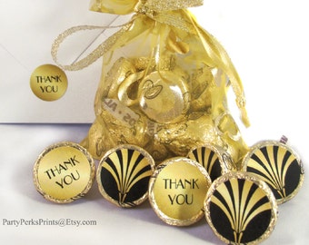 Great Gatsby Wedding, Art Deco Bridal Shower Favors, Black and Gold Candy Stickers