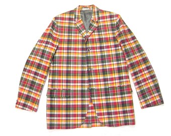 1960s Bleeding Madras Jacket Vintage Retro 3-Button Indian Plaid Hand Woven Cotton Tailored Slim Sport Coat Blazer 37/38 Regular Small S