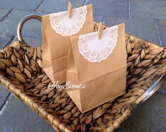 50x Kraft Paper Bags with Lace Doilies & Pegs - Party Treat - Baby Shower - Wedding Favour - Cookie Lolly Chocolate Candy Christmas Gift Bag