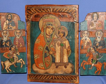 Vintage Tempera/wood Tryptich Icon Virgin Mary Christ Child