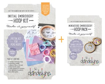 Pastel INITIAL Mini Embroidery Kit and mini hoops (2 sizes) - bundle SPECIAL - DIY - hand embroidery kit and 2 miniature embroidery frames