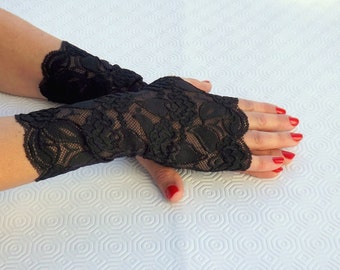 Lace fingerless gloves. Elastic floral lace mittens, Black/ Gold/ Red/ White/ Ivory/ White lace gloves.