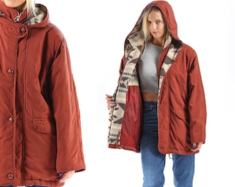 Vintage Aztec Jacket Coat 80s Hooded Parka Women Brown Beige Wool Cotton Navajo Insulated Puffy Winter Jacket Oversized Outerwear Large