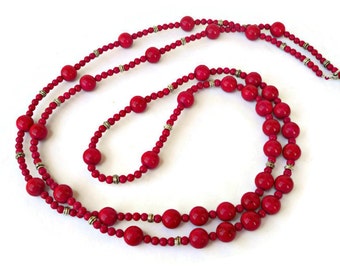 Red bead necklace, Long beaded necklace, Beaded wrap necklace, Fossil jewelry, Double wrap necklace, Fossil necklace, Long red necklace