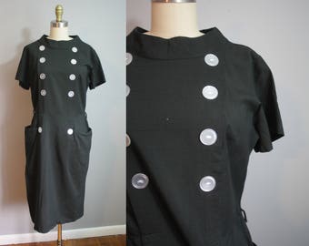 1950s Cotton Dress // Double Breasted Buttons // Large