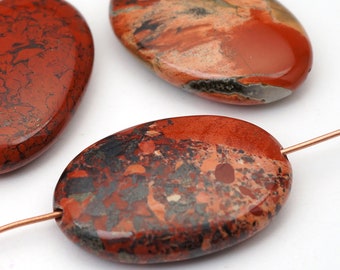 3 pcs large flat oval red brecciated jasper beads, semiprecious 30mm
