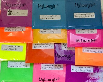 Lot of 13 NEON Pigments 1 Gram Samples 5G Soap Making Florescent Blue Yellow Orange Pink Purple Green Mineral Powders Crafts Custom Colors