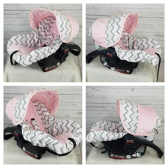 Grey White Pink Chevron with PInk minky Girl Infant car seat