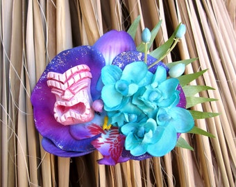 Pink and Purple Tiki Hair Clip, Odd Rodney, Tiki Flower, Orchid Hair Flower, Tropical Wedding, Purple Orchid