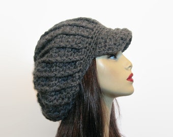 Gray Crochet newsboy hat dreadlocks hat Gray rasta hat Knit newsboy Cap Oversized Hat Newsboy Hat Slouch Cap with Visor Adult Newsboy Cap