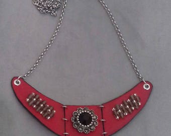 red faux leather bib necklace
