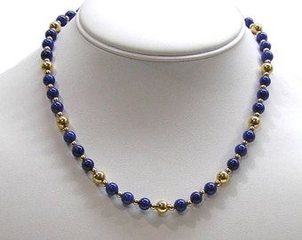 Vintage 1990s Napier Beaded Necklace Blue Glass and Gold Tone Metal