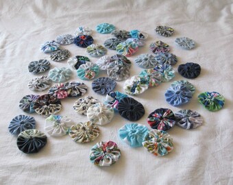50 blue yo yos, blue yoyos, fabric yo yos, fabric yoyos, patchwork supply, patchwork supplies, quilting supplies, craft supplies, notions