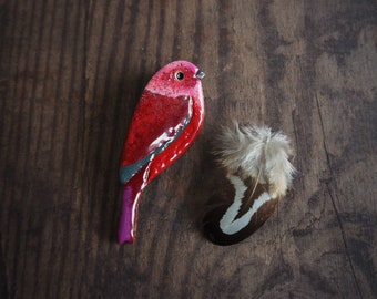 Pink-headed warbler brooch, nature inspired bird jewelry, red cute bird brooch, gift for her, enamelled copper pin, gift for good luck