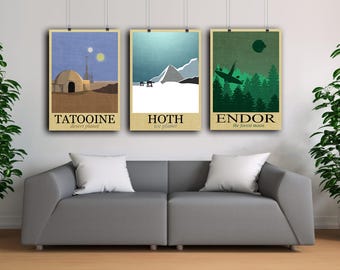 Retro Travel Poster Set Star Wars poster Endor planet Hoth posters Tatooine wall art